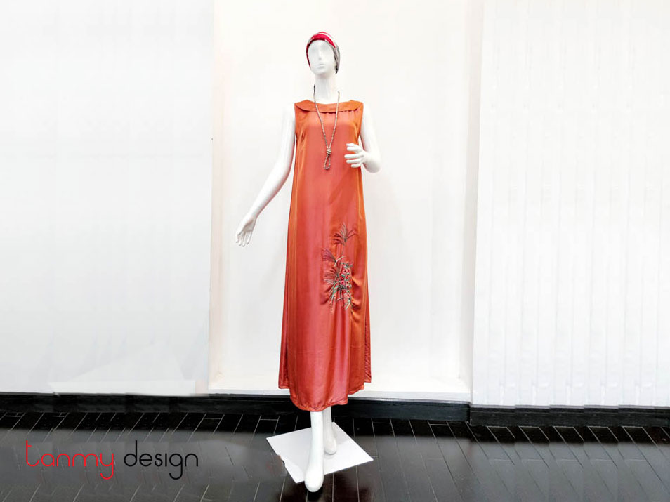 Orange silk dress with flower embroidery